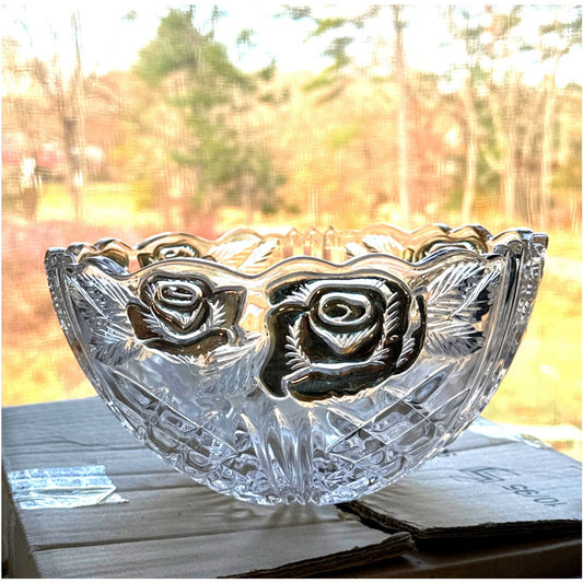 Large Vintage Crystal Bowl w Gold Rose Detail - Scalloped Edge - Retro Decor