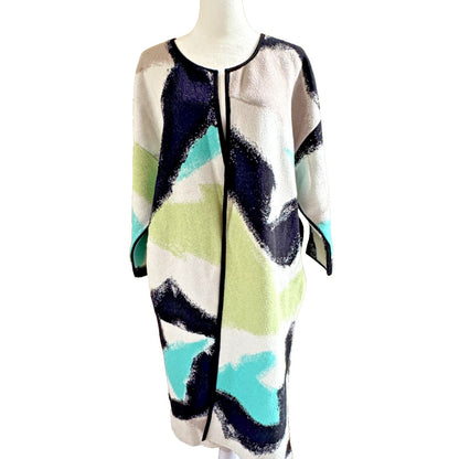 Nic+Zoe Long Open Front Cardigan Womens Size L Arty Black White Green 3/4 Sleeve