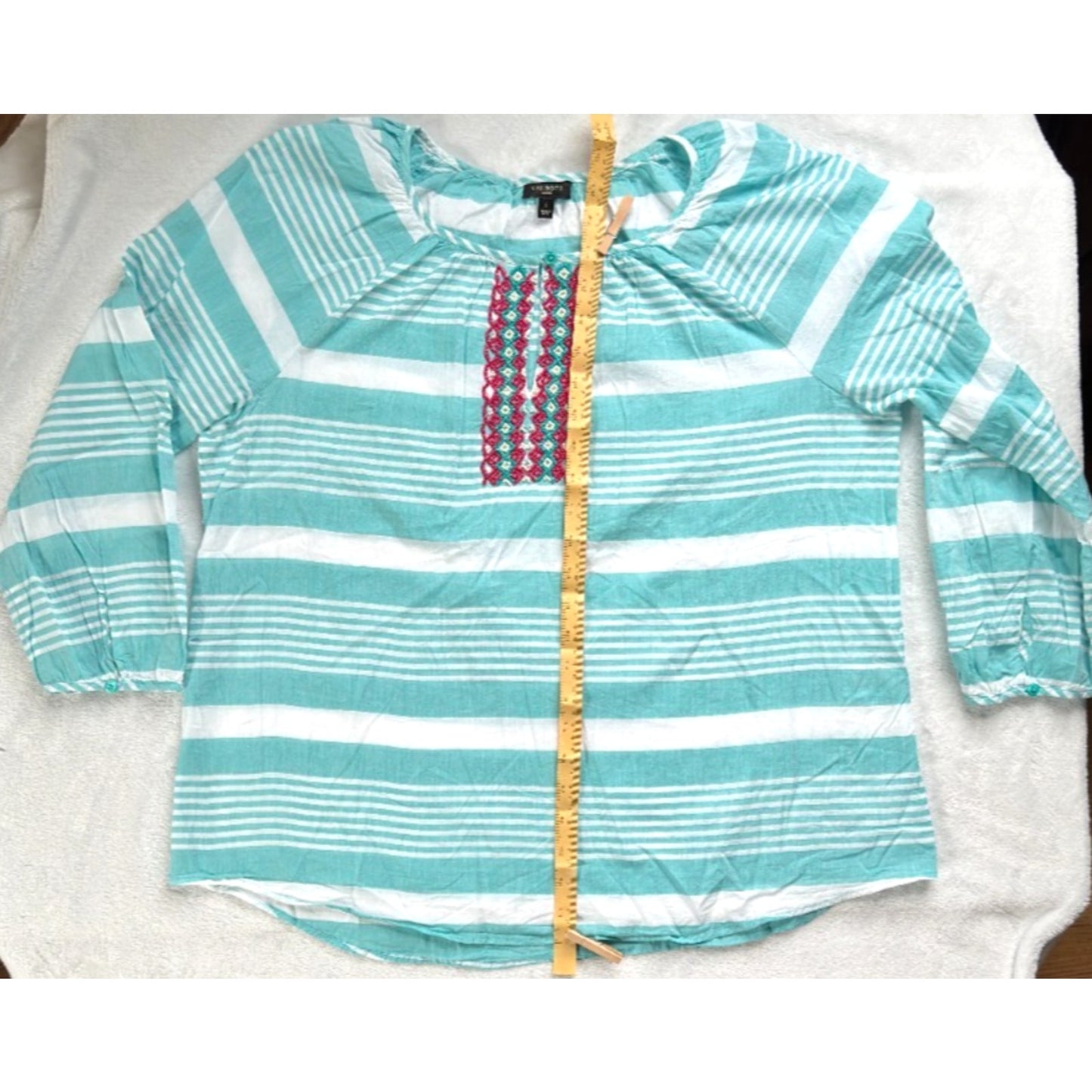 Talbots Tunic Top 100% Cotton Womens Size X Aqua White Stripe Beaded Summer UC