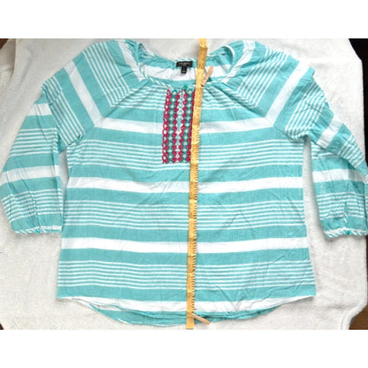 Talbots Tunic Top 100% Cotton Womens Size X Aqua White Stripe Beaded Summer UC