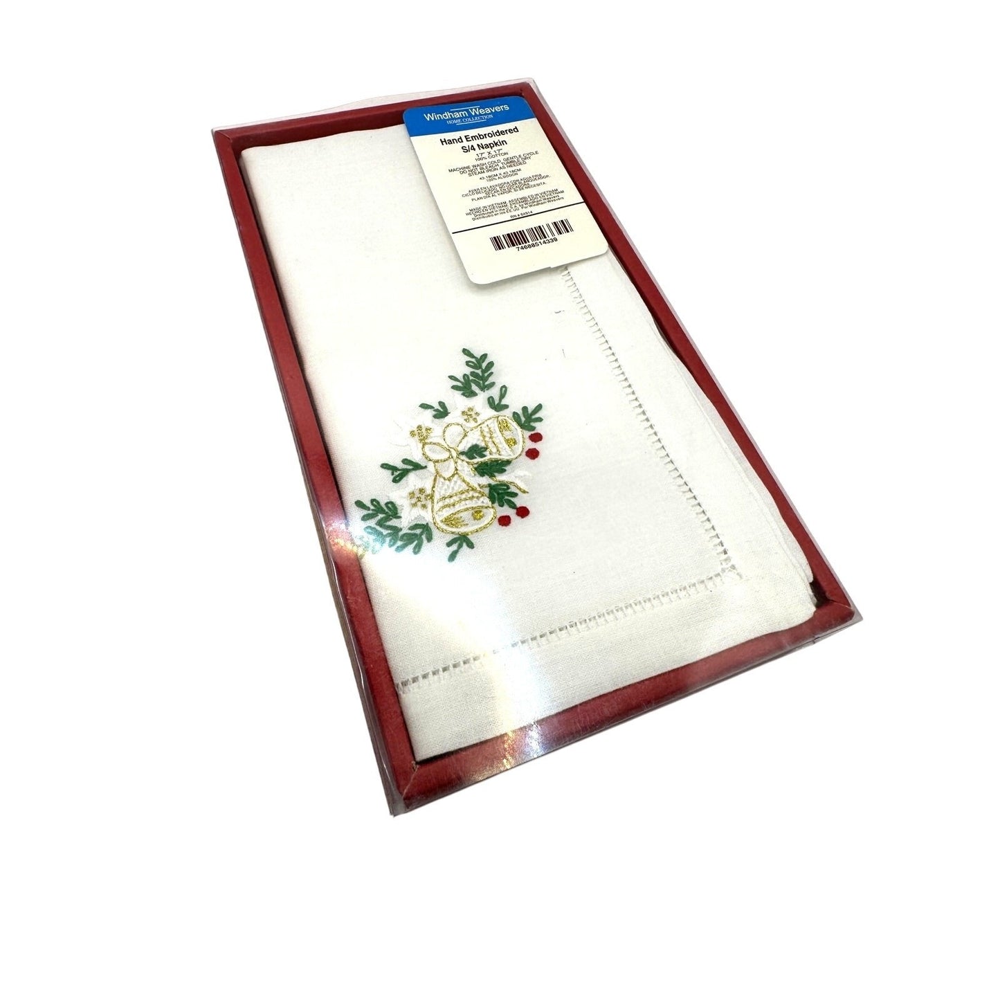 Vintage Windham Weavers Hand Embroidered Napkins - Set of 4 Bells and Holly