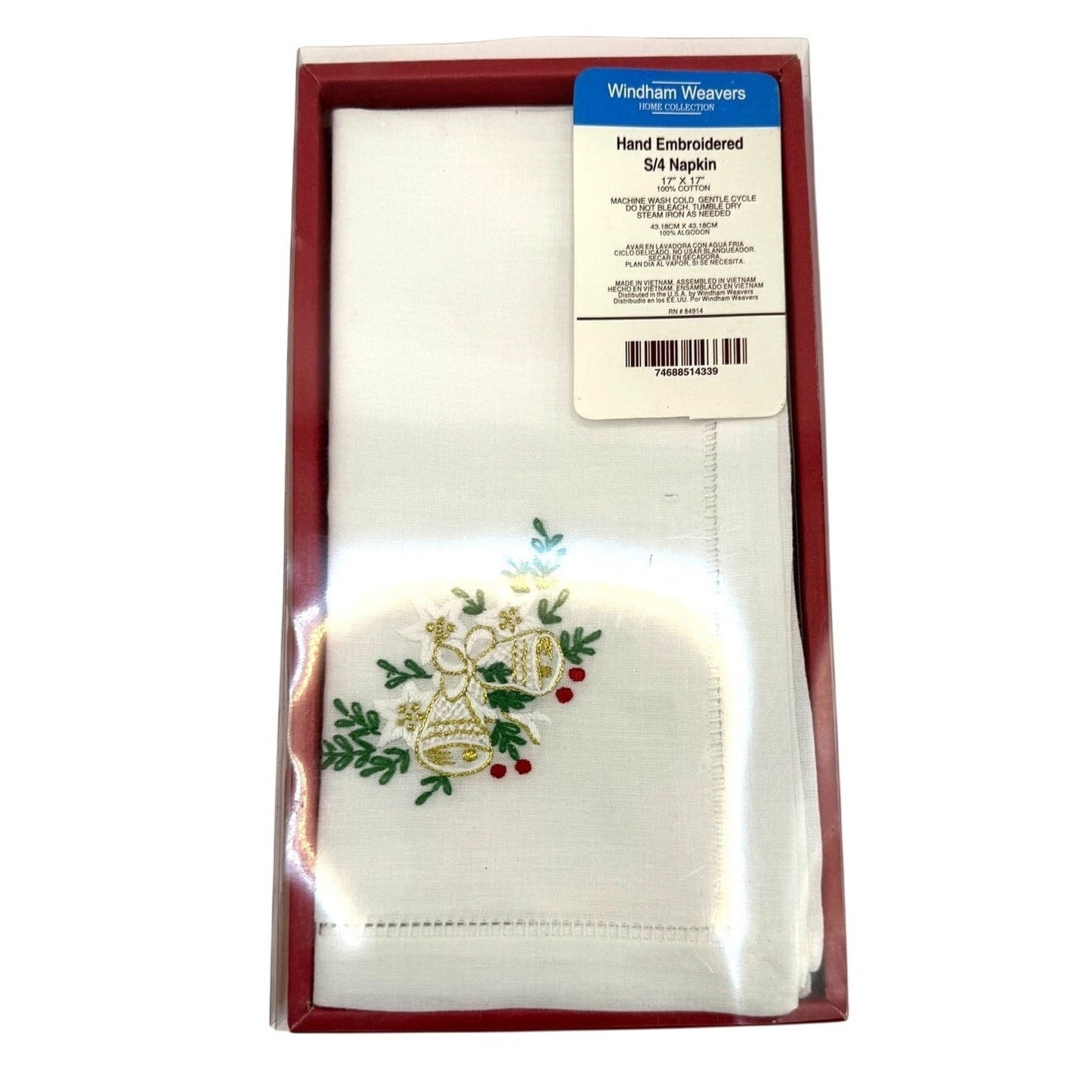 Vintage Windham Weavers Hand Embroidered Napkins - Set of 4 Bells and Holly