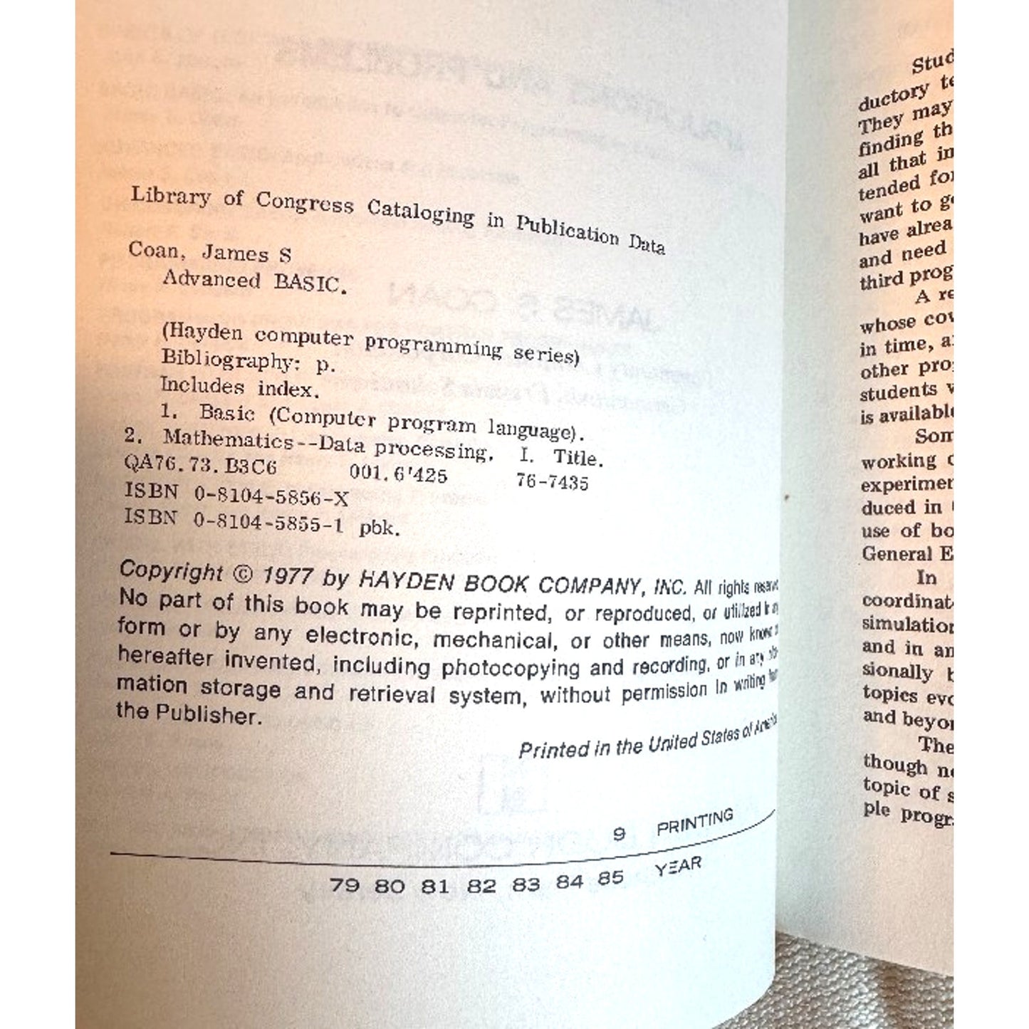 1977 Advanced Basic by James Coan Trade Paperback Vintage Programming Book