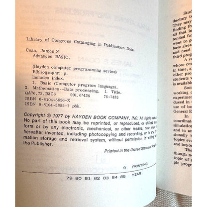 1977 Advanced Basic by James Coan Trade Paperback Vintage Programming Book