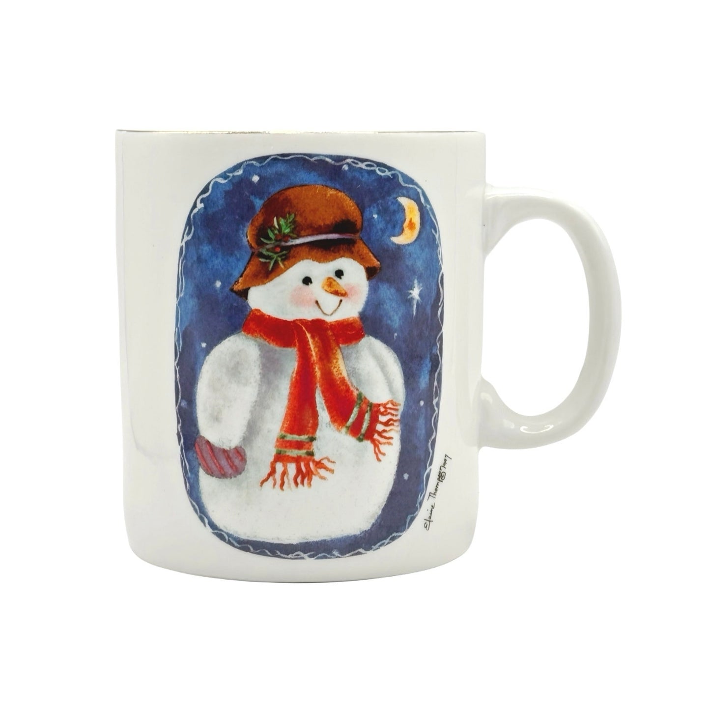 Vintage Snowman Mug - Elaine Thompson 1997 Gold Edge Excellent Condition