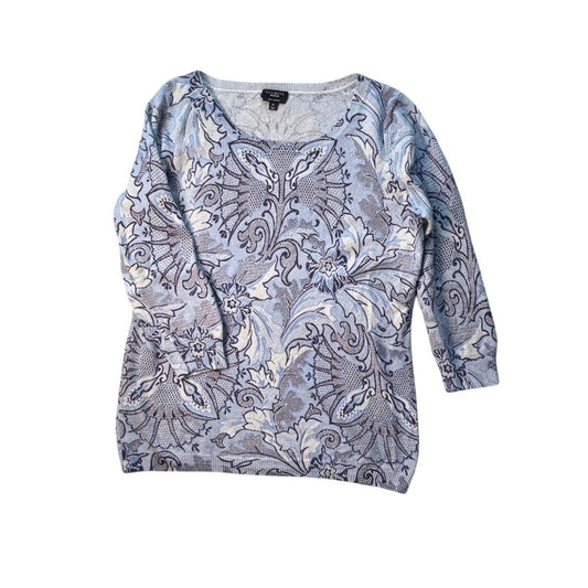 Talbots 100% Cashmere Sweater Women’s M Lightweight Blue Gray Floral 3/4 Sleeve