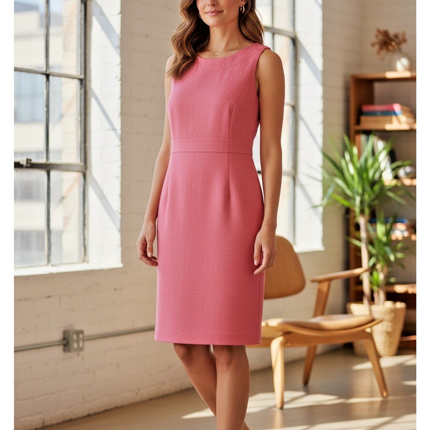 Sheath Dress LOFT PInk Size 14 Fitted Jaquard-Style Blend Retro Look