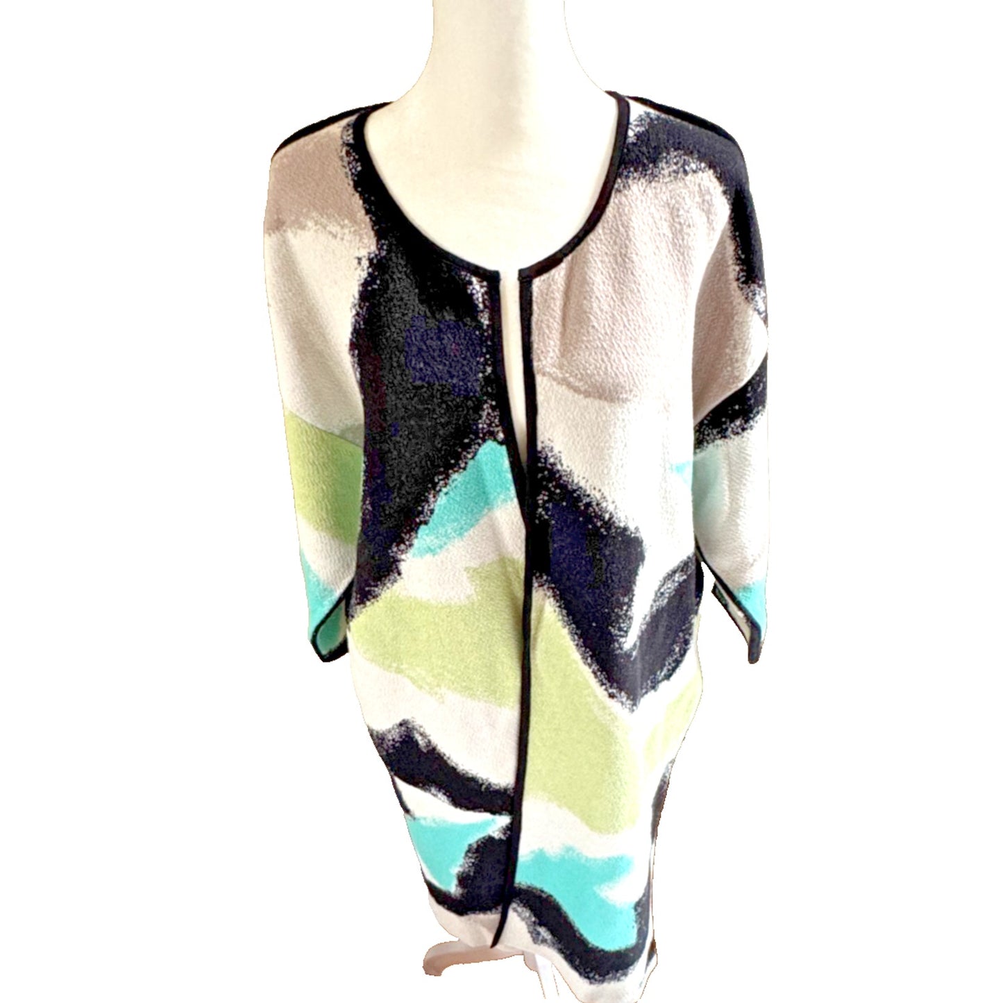 Nic+Zoe Long Open Front Cardigan Womens Size L Arty Black White Green 3/4 Sleeve