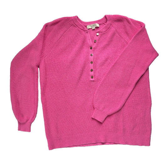 Loft Pink Relaxed Cozy Pullover Sweater Size Large Shiny Brass Buttons at Neck
