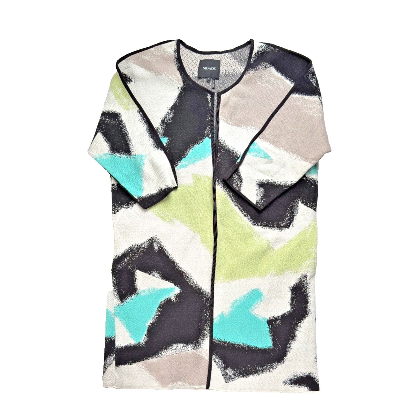 Nic+Zoe Long Open Front Cardigan Womens Size L Arty Black White Green 3/4 Sleeve
