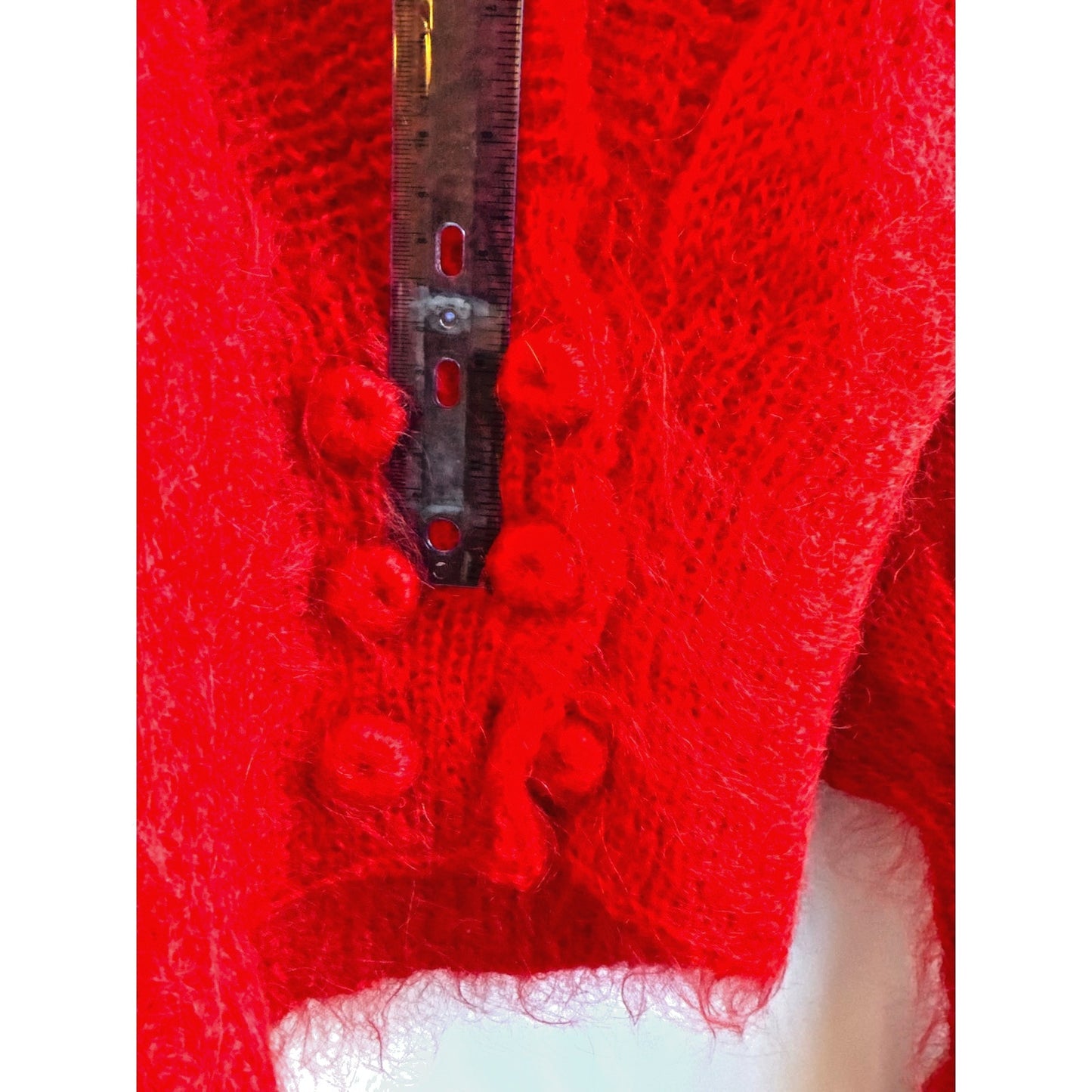 Vintage Red Mohair Wool Hand-Knit Cardigan Sweater Shawl Collar Womens Small Med