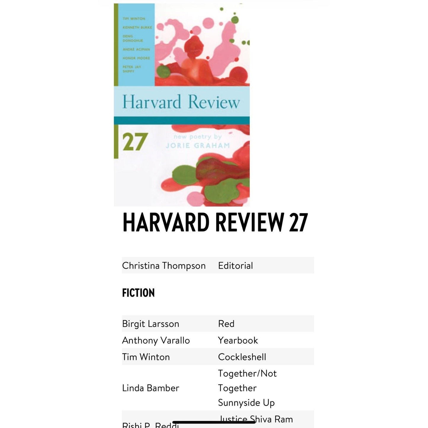 Harvard Review Number 27 2004 Harvard University Famous Literary Journal