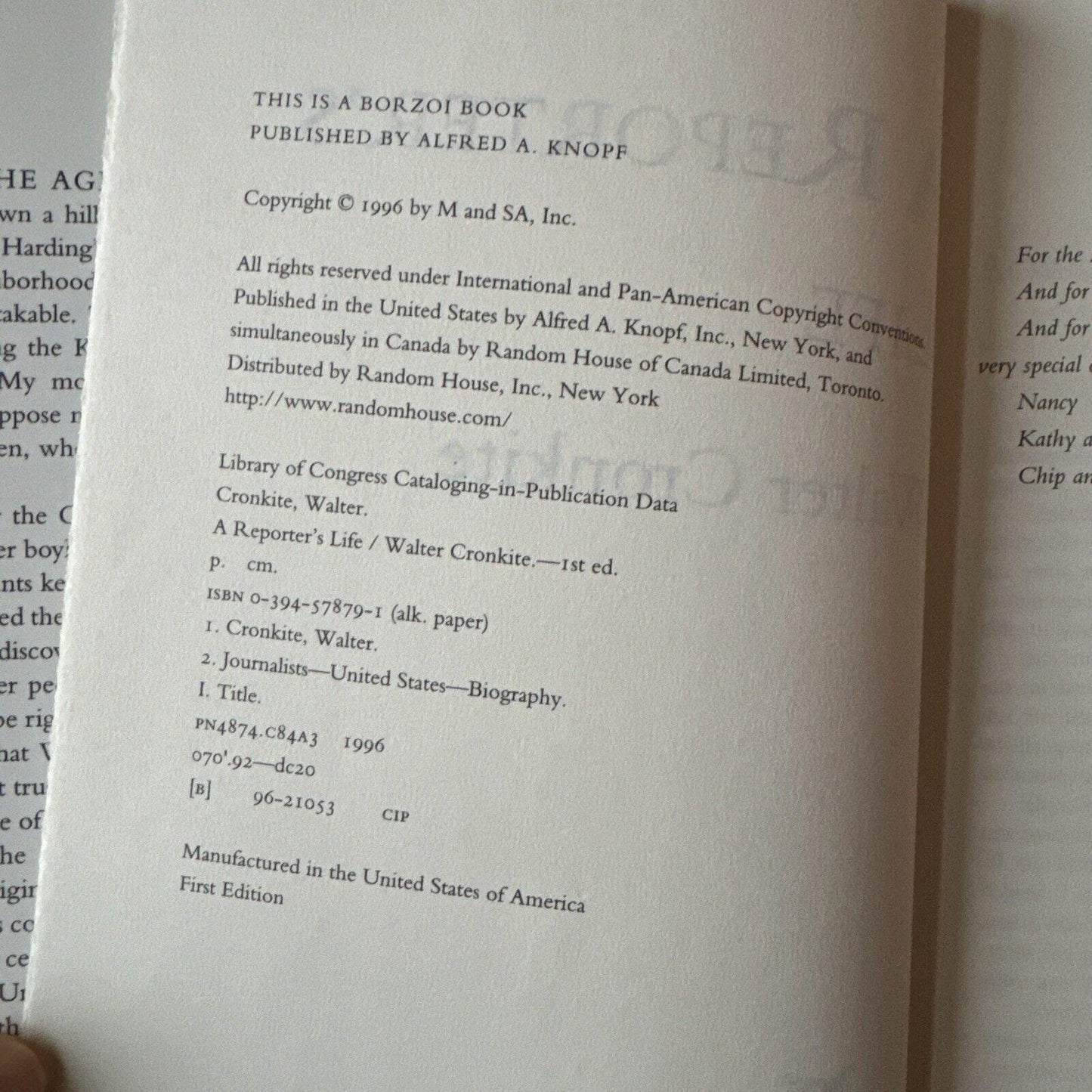 Classic Biography Reporter's Life by Walter Cronkite 1996 HCDJ First Edition